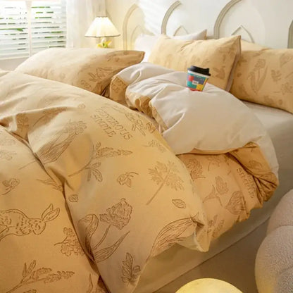 Beige bedding set with delicate botanical and rabbit embroidery from decorbites cozy cotton bedding collection