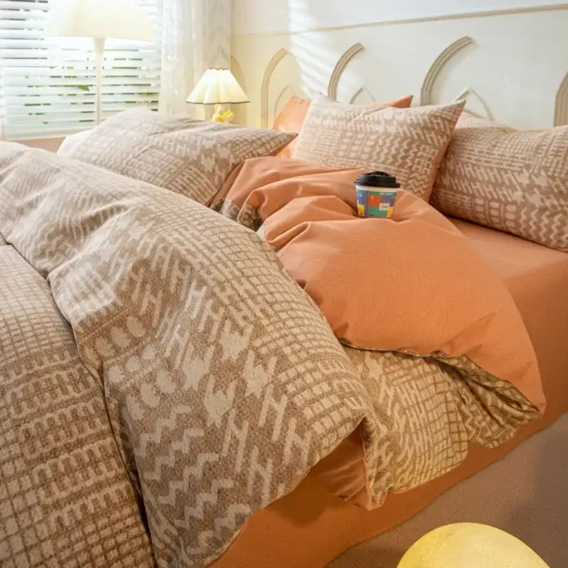 Warm-toned decorbites cozy cotton bedding set with textured geometric duvet cover beige tan and orange bedsheet