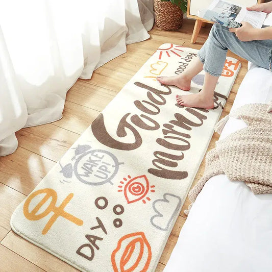 Cream-colored decorbites cozy faux lamb bedside rug with good morning script and orange gray sun clock lips hearts designs
