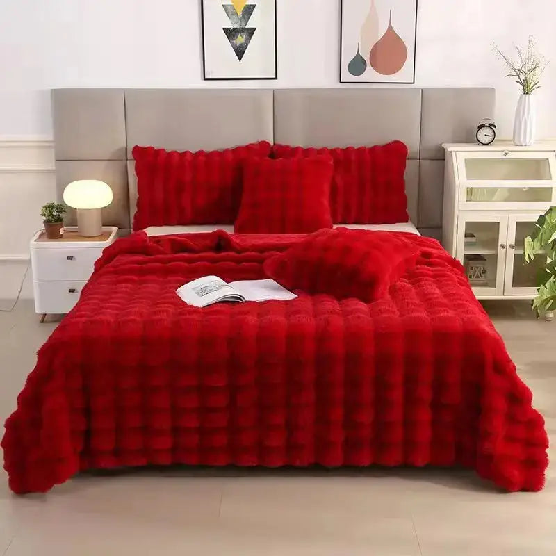 Vibrant red plush quilt set with textured tufted design made from cozy faux rabbit velvet for bedroom decorbites cozy faux