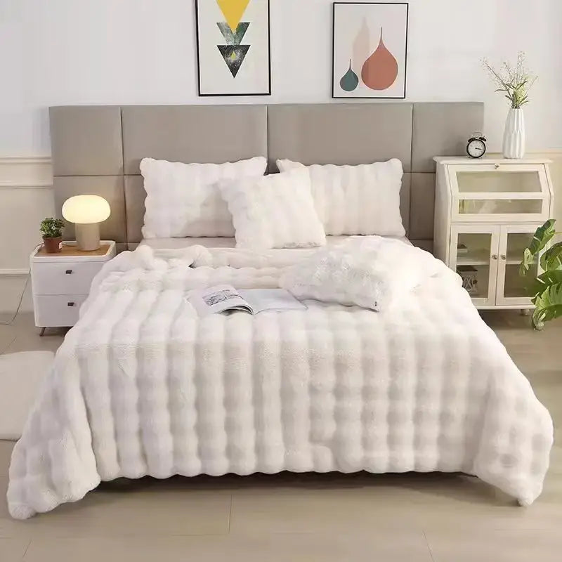Cozy faux rabbit velvet cream plush blanket with ribbed texture and soft fluffy appearance for bedroom decorbites cozy faux throw