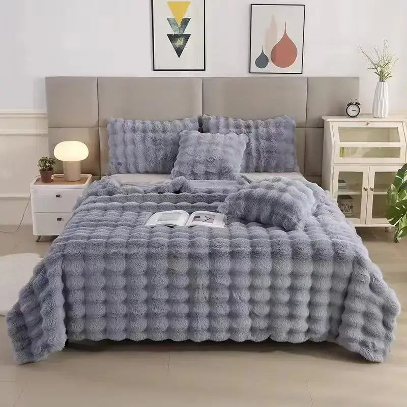 Soft plush gray faux rabbit velvet bed set with quilted texture from decorbites cozy faux bedroom collection