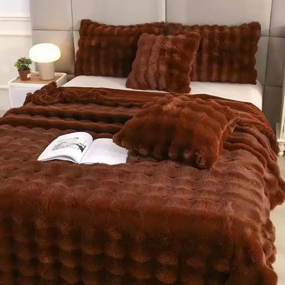 Warm brown cozy faux rabbit velvet throw blanket with textured quilted pattern for bedroom decorbites cozy faux use