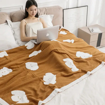 Warm brown decorbites cozy flannel blanket with soft white teddy bear appliqués and plush fuzzy texture for bedroom decor