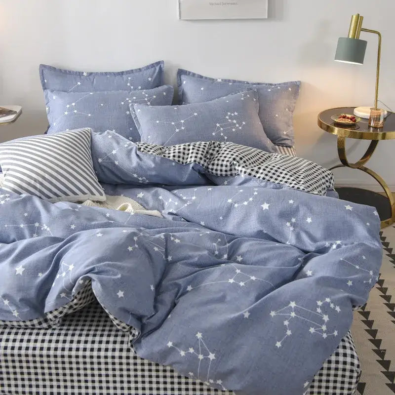 Blue star constellation duvet bedding set with matching pillows and checkered bedsheet for decorbites cozy flower decor