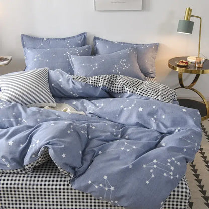 Blue star constellation duvet bedding set with matching pillows and checkered bedsheet for decorbites cozy flower decor