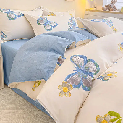 Cream-colored cozy flower print bedding set with embroidered blue gray butterflies yellow flowers and light blue sheet decorbites cozy flower