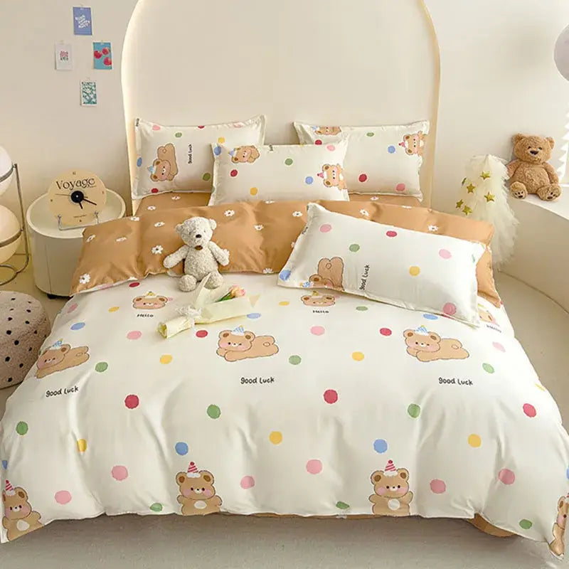 Cute white duvet cover with brown teddy bear and colorful polka dots featuring good luck text in decorbites cozy flower bedding set
