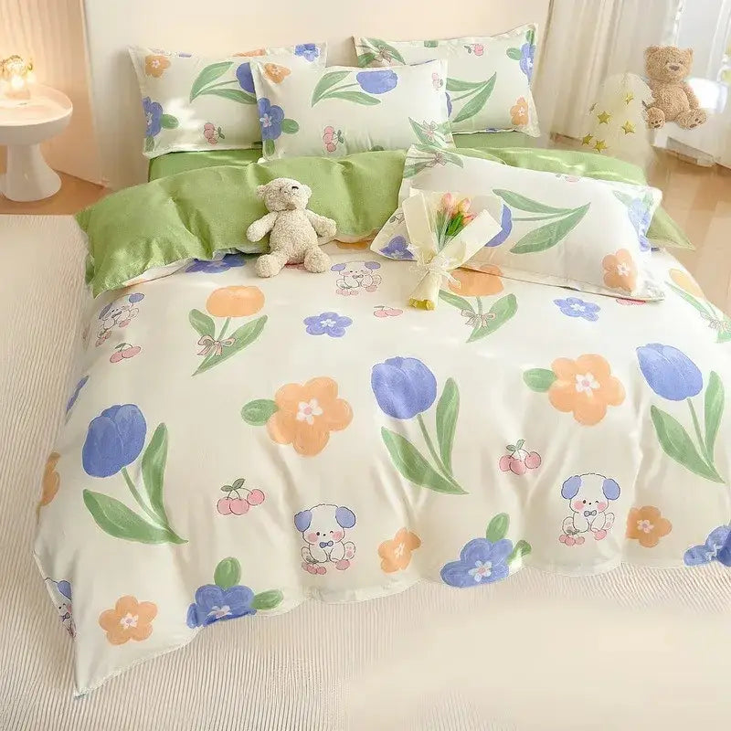 Cute pastel floral and puppy-themed cozy flower print cream teddy bear bedding set for decorbites cozy flower decorbites cozy flower print
