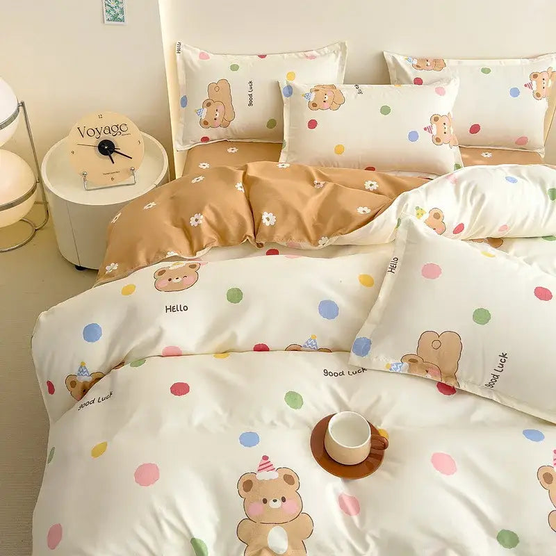 Cozy flower print cream teddy bear bedding set with beige white bear design colorful polka dots and hello text decorbites cozy flower