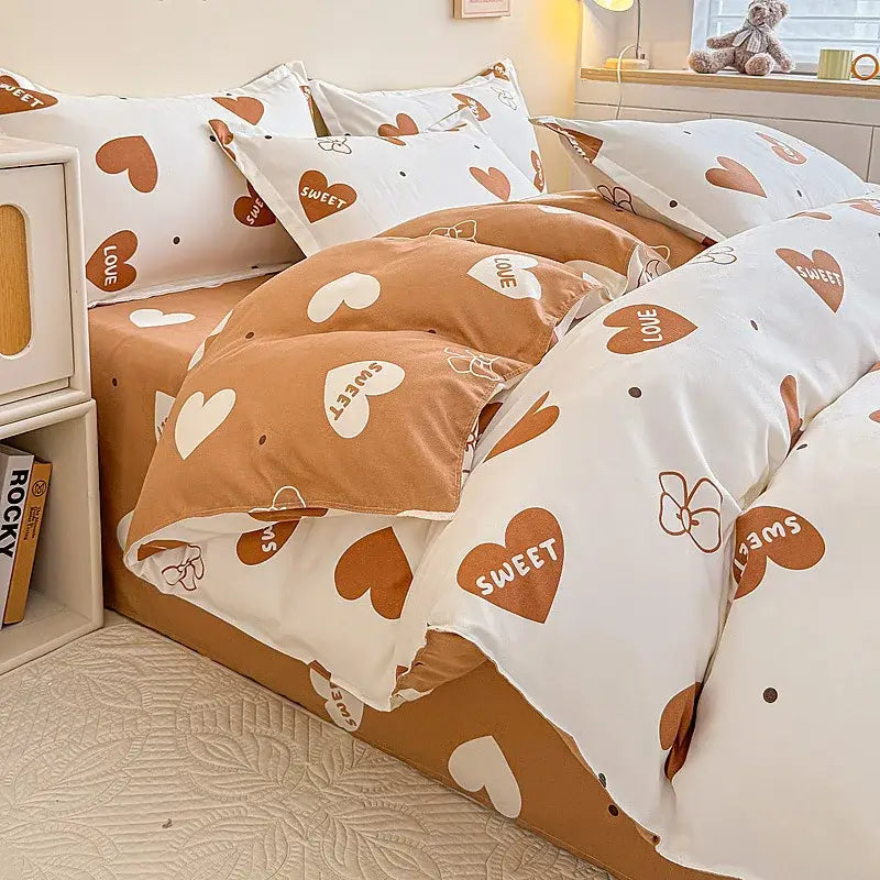 Cute brown and white heart patterned bedding set with love and sweet text from decorbites cozy flower print collection