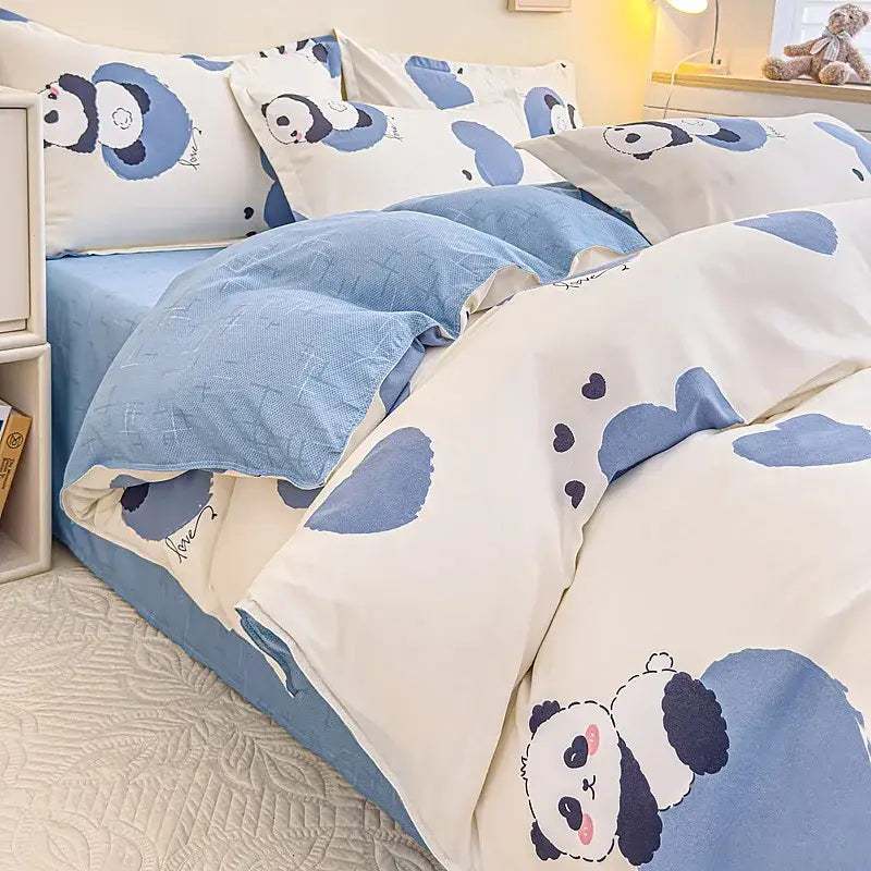 Cute blue and white panda-themed bedding set with soft textured fabric for decorbites cozy flower print bedroom decor
