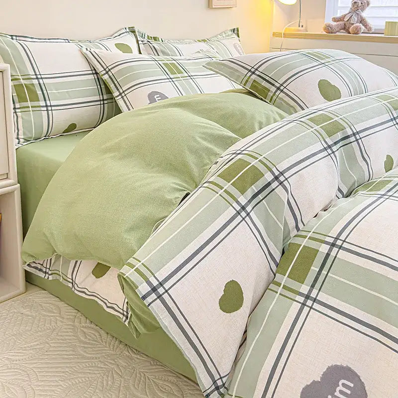 Green and white plaid duvet cover bedding set with heart-shaped accents for decorbites cozy flower print bedroom decor