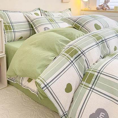 Green and white plaid duvet cover bedding set with heart-shaped accents for decorbites cozy flower print bedroom decor