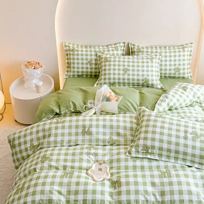 Green and white checkered bedding set with embroidered clover motifs for decorbites cozy flower print bedroom decor