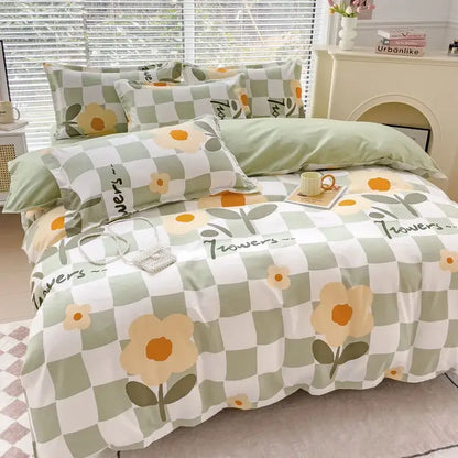 Pastel green and white checkered duvet cover bedding set with yellow floral prints and cozy flower print decorbites cozy flower design