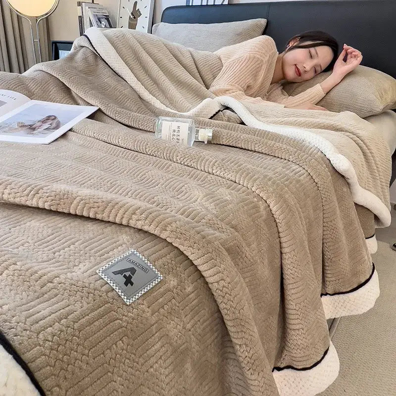 Beige cozy jacquard plush throw blanket with soft textured surface and white fleece lining for warm decorbites cozy jacquard