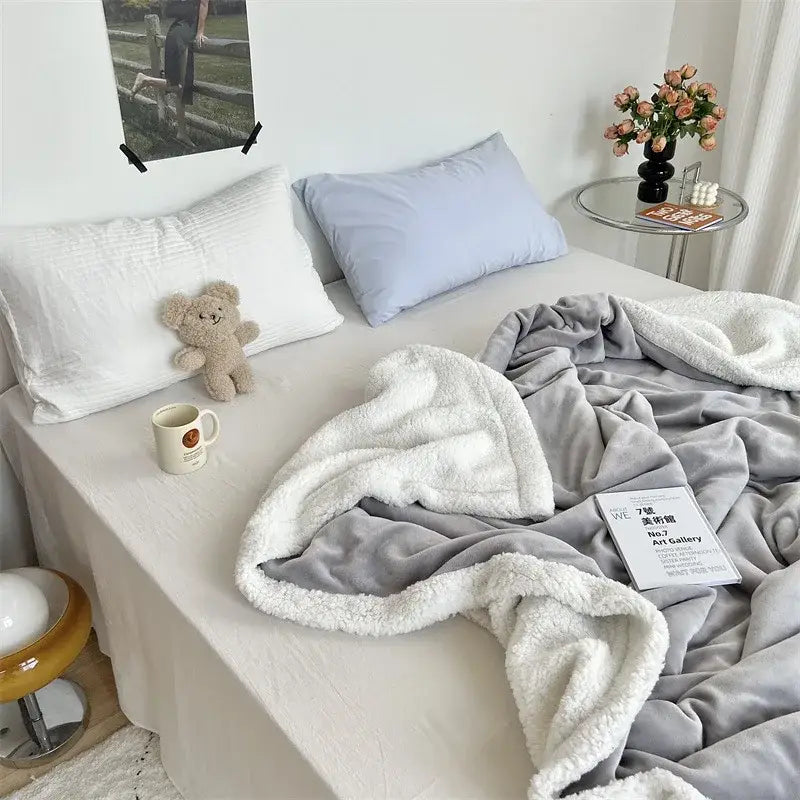 Soft gray and white sherpa cozy lamb wool blanket with plush texture for bedroom decorbites cozy lamb quilt