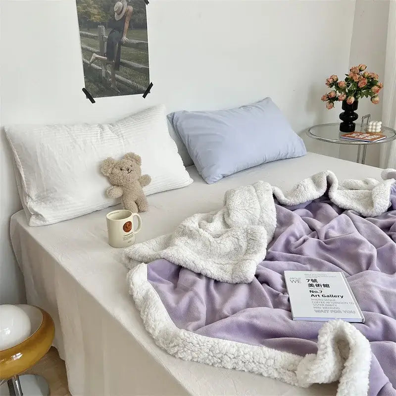 Soft lavender fleece cozy lamb wool blanket with plush white sherpa border ideal for bedroom decorbites cozy lamb use