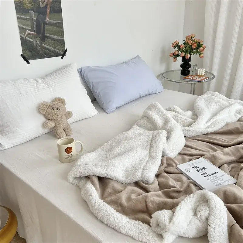 Soft white and beige cozy lamb wool blanket with plush textured fleece surface for bedroom decorbites cozy lamb use