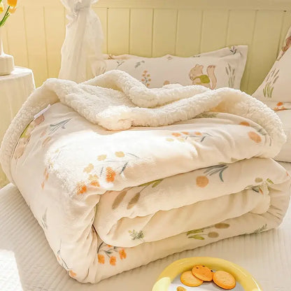 A cozy milk velvet floral fleece blanket in cream with plush texture and orange green patterns for bedroom decorbites cozy milk