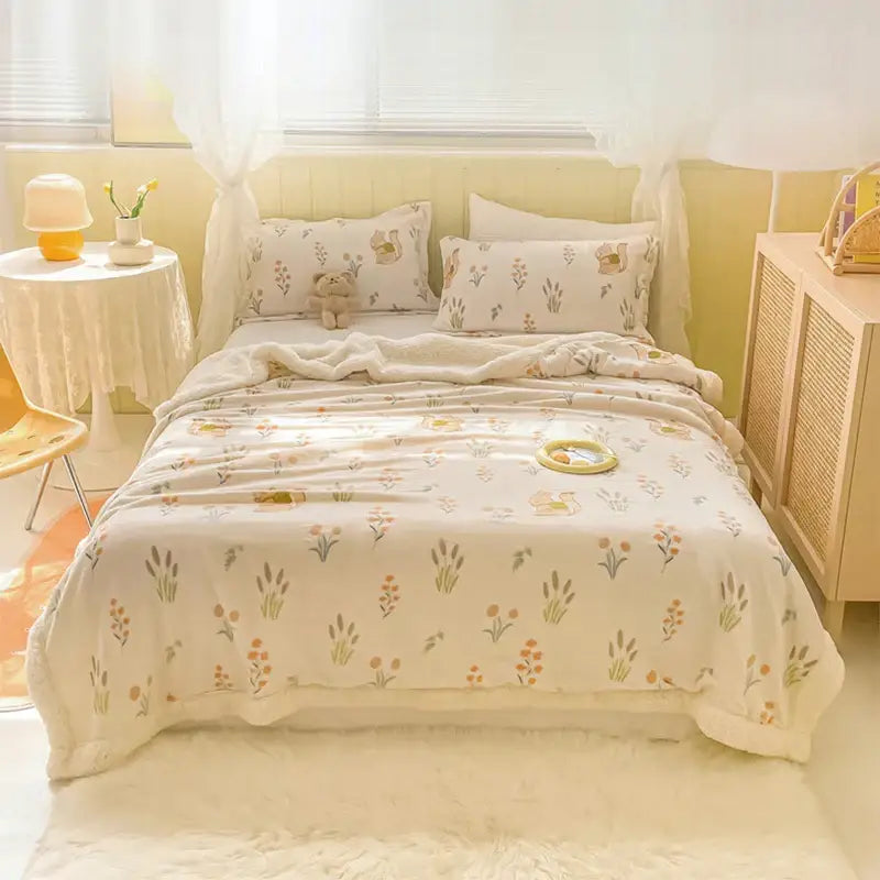 Soft cream-colored milk velvet cartoon fleece blanket with delicate floral and animal print for cozy milk velvet decorbites