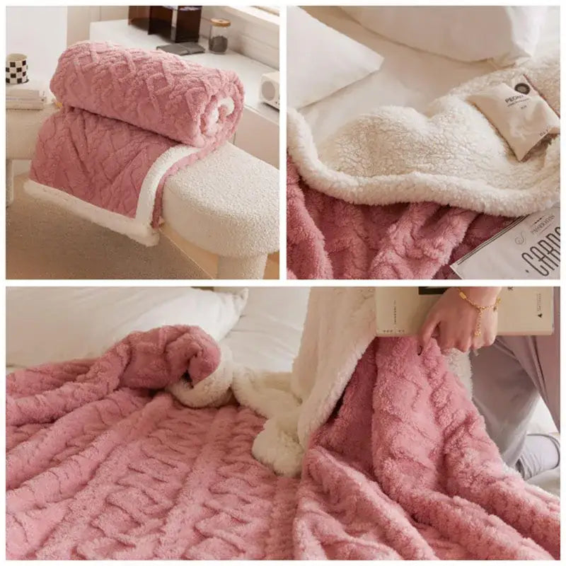 Pink and white coral fleece blanket with textured cable knit outer side in cozy sherpa throw style for bedroom use