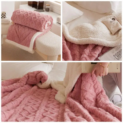 Pink and white coral fleece blanket with textured cable knit outer side in cozy sherpa throw style for bedroom use