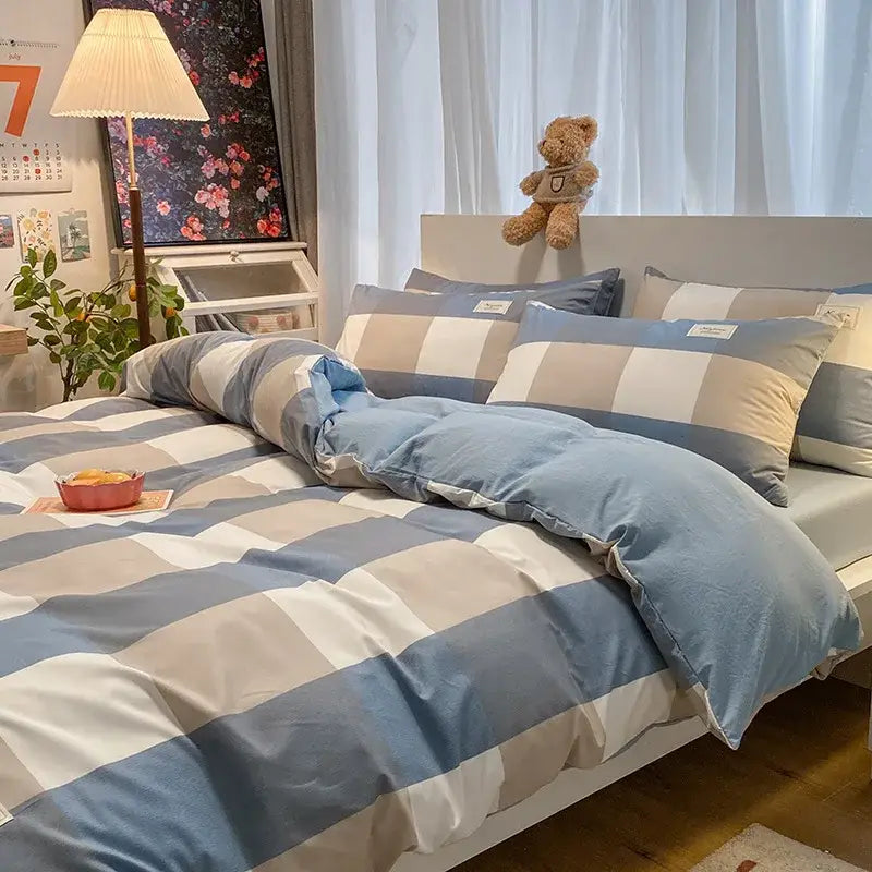 Blue and white striped cozy plaid duvet cover set with soft quilted texture for decorbites cozy plaid bedding