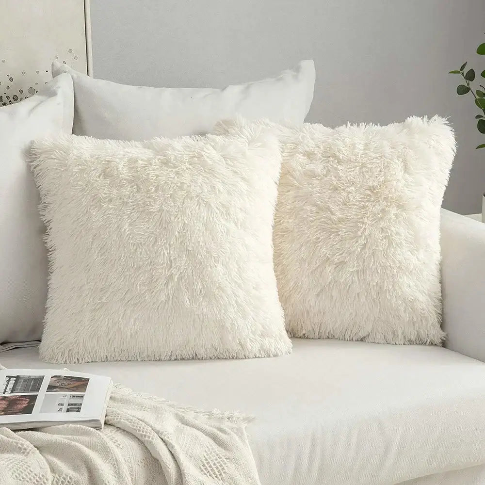 Cream-colored plush faux fur cushion cover with soft shaggy texture for decorbites cozy plush fur living room decor