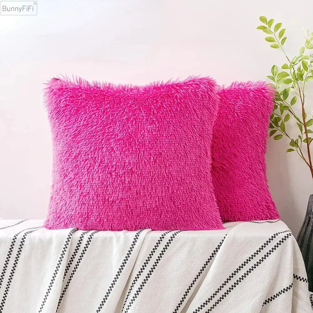 Bright pink fluffy faux fur throw pillows with decorbites cozy plush cushion cover for living room decor