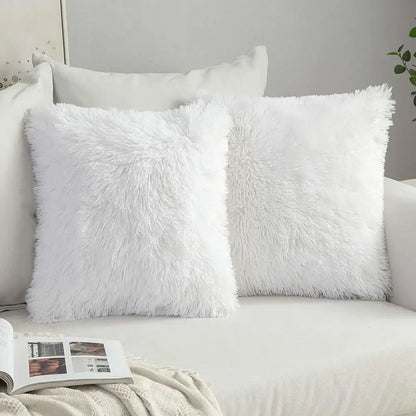 White and grey cozy plush fur cushion cover with soft shaggy texture for decorbites cozy plush living room decor
