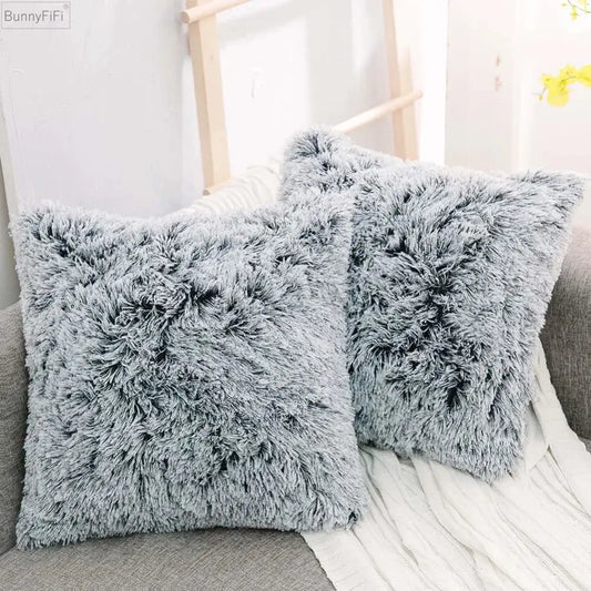 Soft fluffy gray faux fur cushion cover with plush shaggy texture for decorbites cozy plush living room decor