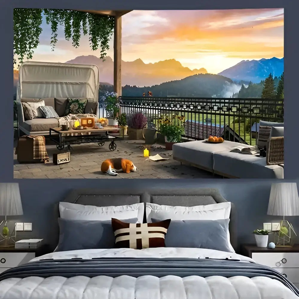 Cozy retro cottage wall tapestry in blue and white decorbites cozy retro bedroom with quilted bedding and lamps