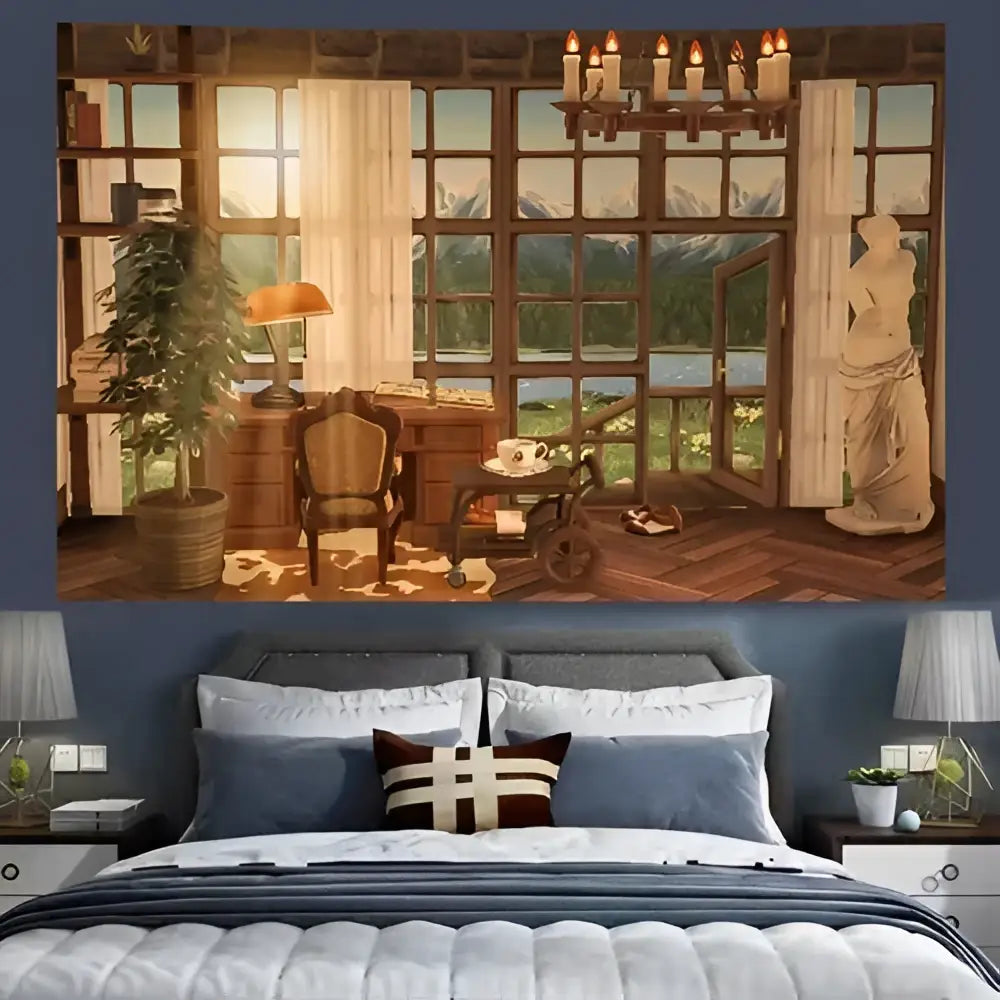 Cozy retro cottage blue and white bedroom decor features a large detailed mural of a sunlit study room above the bed