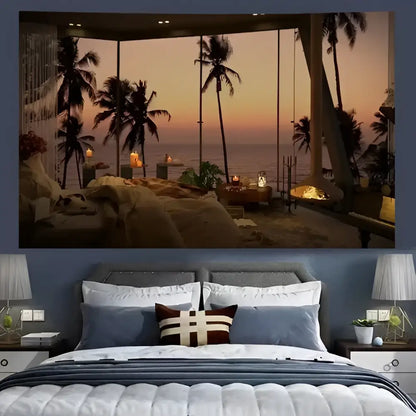 Cozy retro cottage wall tapestry with blue and white decorbites cozy retro featuring tropical sunset palm trees