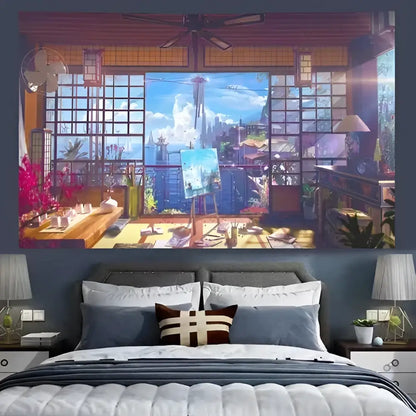 Cozy retro cottage blue and white wall tapestry featuring a japanese-style room and seattle space needle decorbites cozy retro
