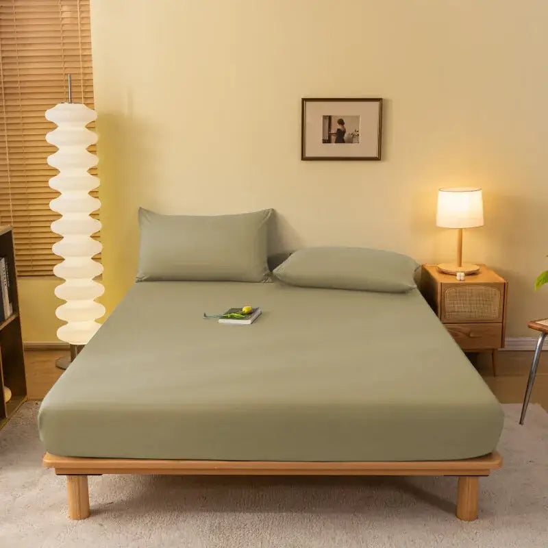 Olive green fitted sheet with smooth stretchy fabric covering mattress and pillows from decorbites cozy solid color collection