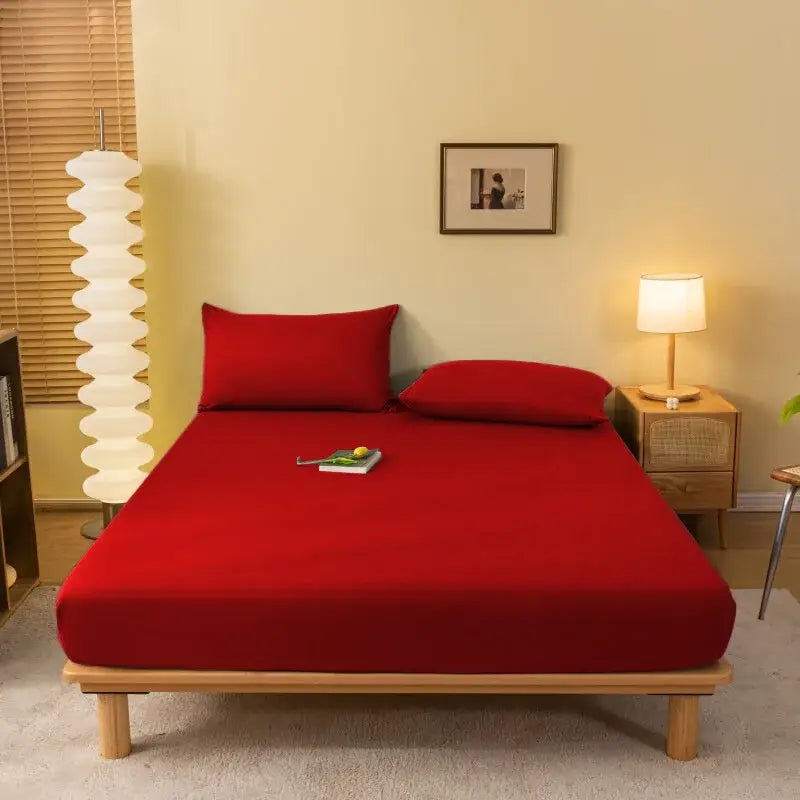 Red fitted sheet with matching pillowcases from decorbites cozy solid color made of smooth stretchy fabric