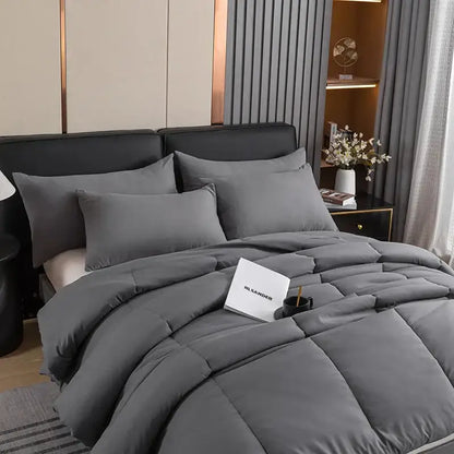 Gray quilted comforter with plush texture and subtle stitching in decorbites cozy spring queen duvet set