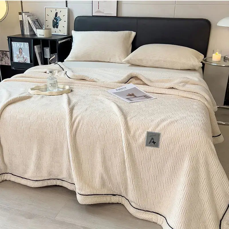 Cream-colored cozy striped knitted velvet throw blanket with black piping trim and gray patch label for home decorbites cozy striped use