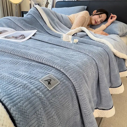 Soft blue plush blanket with cream fleece border featuring a subtle pattern for decorbites cozy striped knitted velvet use