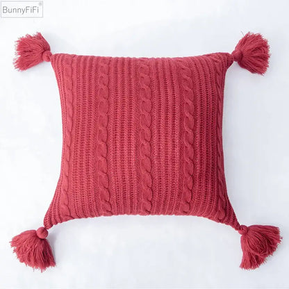 Red knitted cushion cover with cable knit pattern and tassels for cozy living room or bed decorbites knit pillow case
