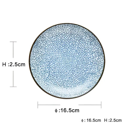 Circular ceramic dinner plate with crackle glaze in blue and white and dark rim from decorbites dinner plate set