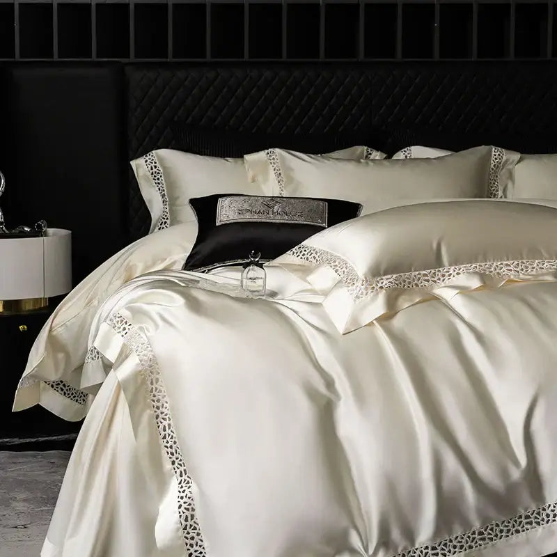 Cream and black egyptian cotton bedding set with decorbites brocade lace trim and matching quilted headboard decor