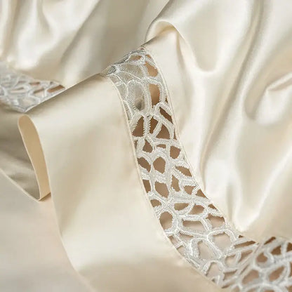 Cream egyptian cotton bedding set with cream satin fabric and delicate silver decorbites brocade lace trim on the cuff