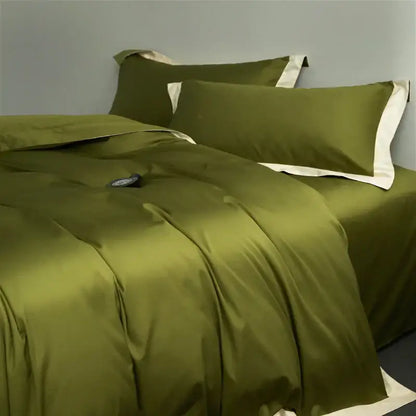 Olive green satin duvet cover set with cream piping in a cream and lavender egyptian cotton hotel style bedding set