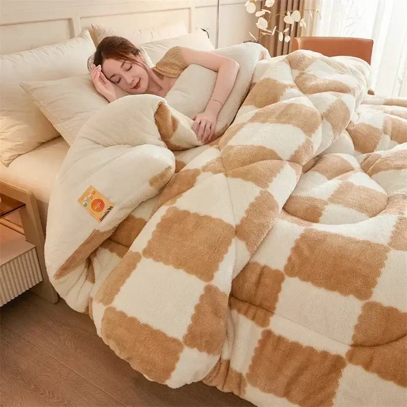 Cream and tan cozy checkerboard cashmere weighted blanket with plush soft texture for bedroom decorbites cozy checkerboard use
