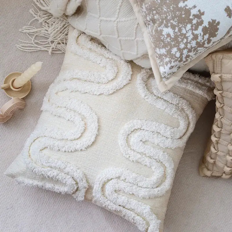 Cream bubble plaid cushion cover with textured wavy fringe in a soft off-white hue for living room decorbites decor