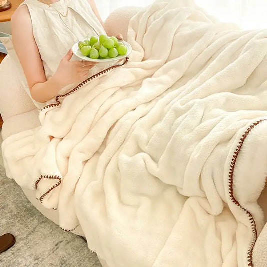 Cream bubble velvet woolen sofa blanket with cream plush texture and brown stitched trim for living room decorbites bubble velvet